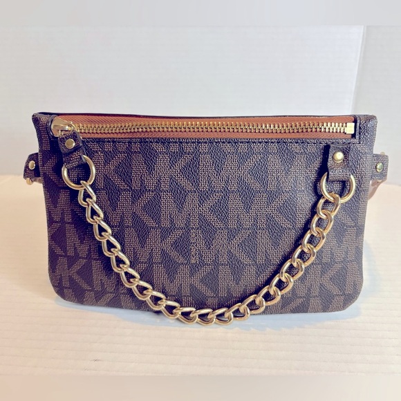 Michael Kors Dark Brown Monogram Belt Bag with Gold Chain - Picture 1 of 7